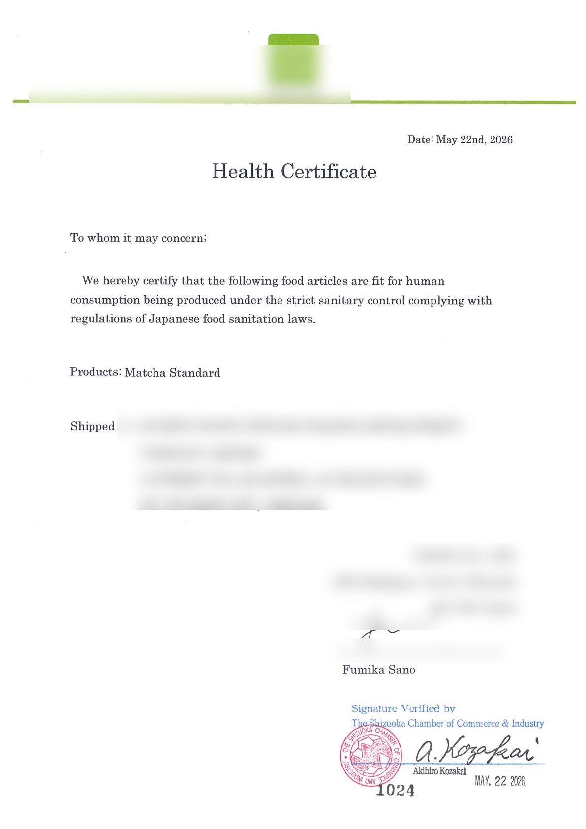 Health Certificate Nhật Bản